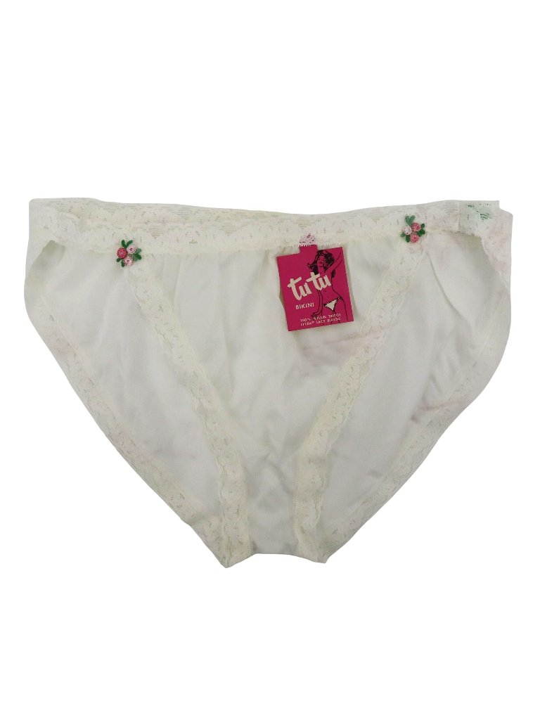 Vtg Tutu Bikini Women 7 Panty White Pink Rosette Rose Lace Trim New Dye Transfer